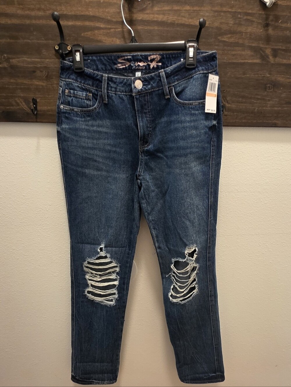 Seven7 Ripped Boyfriend Jeans in Dark Blue Denim